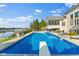 Beautiful backyard with in-ground pool, large patio, and lake views at 13499 Marjac Way, Fishers, IN 46055
