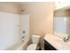 Bathroom with vanity, bath and shower combo, and toilet, all in pristine condition at 14041 Wimbleton Way, Fishers, IN 46037