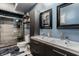 Modern bathroom with double sinks, a walk-in shower, and stylish blue walls at 1424 S New Jersey St, Indianapolis, IN 46225