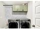 Well-equipped laundry room with modern appliances, overhead cabinets and stylish wallpaper at 16808 Audley Ave, Westfield, IN 46074