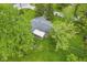 Aerial view of a home with a gray roof, surrounded by mature trees and lush green lawn, in a quiet neighborhood at 2818 S Irwin St, Indianapolis, IN 46203