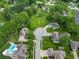 Overhead perspective of a charming neighborhood featuring mature trees, well-maintained homes, and a community pool at 651 Rylan Cir, Greenwood, IN 46142