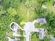 Overhead view of a residential area showcasing mature trees, and a partial view of neighboring houses at 651 Rylan Cir, Greenwood, IN 46142