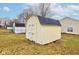 Exterior of light yellow shed with white trim and a dark shingled roof at 10046 Gate Dr, Indianapolis, IN 46239