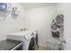 Efficient laundry room with modern washer and dryer set and ample shelving for storage at 12486 Schoolhouse Rd, Fishers, IN 46037