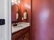 Cozy half bathroom with dark red walls, a white sink, and a round mirror at 14055 Mimosa Ct, Fishers, IN 46038