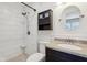 Bathroom features walk-in shower with white subway tile and neutral vanity at 2020 Cross Willow Ln, Indianapolis, IN 46239