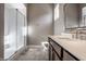 Elegant bathroom with glass shower, single sink vanity and tile flooring at 2274 Finchley Rd, Carmel, IN 46032