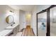 Elegant bathroom featuring modern fixtures, vanity, shower, and storage at 6481 W Treeline Ln, McCordsville, IN 46055