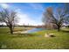 Scenic backyard view with a tranquil pond, mature trees, and a cozy fire pit at 7136 Allegan Dr, Indianapolis, IN 46217