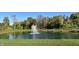 Picturesque view of pond with fountain and vibrant rainbow colors, surrounded by lush greenery at 804 Whispering Oaks Dr, Carmel, IN 46032