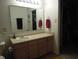 Single sink vanity and mirror in bathroom with wood cabinets and bright overhead lighting at 8848 Hosta Way, Camby, IN 46113