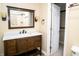 Bathroom vanity featuring granite countertop, wood cabinets and decorative lighting at 4264 Foxglove Trce, Indianapolis, IN 46237