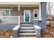 Inviting covered front porch with steps, white railings, and a blue front door with glass at 4644 Cornelius Ave, Indianapolis, IN 46208