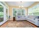 Bright living room featuring a gray sectional sofa, large windows, and hardwood floors with a decorative rug at 651 Greenford N Trl, Carmel, IN 46032