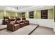 Home theater with tiered seating featuring leather reclining chairs, projector, and movie posters at 9643 N Box Elder Ct, McCordsville, IN 46055