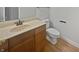 A well-lit bathroom featuring a single sink, tile countertop, and white toilet at 11134 Westoves Dr, Noblesville, IN 46060