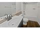 Bathroom featuring a single sink vanity, mirror, toilet, and shower with a tub at 11134 Westoves Dr, Noblesville, IN 46060