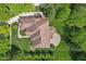 Stunning aerial view of home with a brown roof, beautiful landscaping, and a stone patio in a lush green yard at 13133 Brooks Landing Pl, Carmel, IN 46033