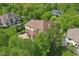 Overhead view captures the backyard with a patio, blending a brick and siding home into a canopy of surrounding trees at 13133 Brooks Landing Pl, Carmel, IN 46033