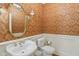 Elegant powder room featuring patterned wallpaper, a gold-framed mirror, and a white sink with gold fixtures at 13133 Brooks Landing Pl, Carmel, IN 46033