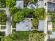 Aerial view of a property featuring well-manicured grounds, a pool, and proximity to urban amenities at 1320 N New Jersey St, Indianapolis, IN 46202