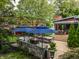 Inviting backyard with outdoor kitchen, dining area, mature landscaping, and cozy covered area at 1320 N New Jersey St, Indianapolis, IN 46202