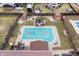 Aerial view of a backyard with a covered pool, gazebo, and well-maintained landscaping at 5529 W 29Th Pl, Indianapolis, IN 46224
