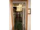 A walk-in closet with floral wallpaper, green floors, and miscellaneous items, needing organizing and improvements at 911 W 3Rd St, Anderson, IN 46016