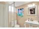 Bathroom featuring a glass enclosed shower, modern vanity, and unique accents at 960 Cameron St, Indianapolis, IN 46203