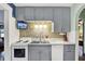 Well-lit kitchen featuring gray cabinets, tile backsplash, and modern appliances at 960 Cameron St, Indianapolis, IN 46203