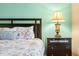 Close up of a well-lit bedroom featuring a stylish nightstand and elegant lamp at 112 Bridgemor Ln, Mooresville, IN 46158
