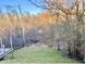 A lush green backyard view with mature trees, a small creek and partial deck view at 130 Hanover Dr, Morristown, IN 46161