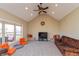 Bright living room featuring vaulted ceilings, a ceiling fan, and comfortable seating with abundant natural light at 2838 Violet W Ct, Columbus, IN 47201