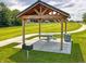 Covered wooden pavilion with metal picnic table and grill in a grassy community area at 1346 Fleming Dr, Greenfield, IN 46140
