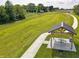 Aerial shot of a wooden pavilion with picnic table in a green, open space at 1346 Fleming Dr, Greenfield, IN 46140