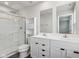 Bright bathroom with double sinks, walk-in shower, and modern fixtures at 1854 Cascades Dr, Greenfield, IN 46140