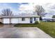 Charming one-story home features a front lawn, driveway, garage, and classic architecture under a cloudy sky at 8004 Minlo Dr, Indianapolis, IN 46227