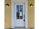 Up-close of a white front door with sidelights, framed by decorative lamps, with a bright yellow exterior at 10483 St Anne Dr, Zionsville, IN 46077