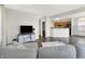 Bright living room featuring a gray sofa with open views to kitchen area at 3423 Shadow Bend Dr, Columbus, IN 47201