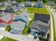 Aerial view of light-blue home featuring a garage, driveway, lawn and surrounded by other homes at 5421 Upper Garden Way, Zionsville, IN 46077