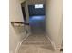 Carpeted staircase with wooden railing leads to the lower level of the home at 5421 Upper Garden Way, Zionsville, IN 46077