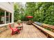 An outdoor deck offers beautiful views of mature trees and includes both seating and a dining space at 5977 S 800 E, Zionsville, IN 46077