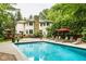 Backyard retreat with a swimming pool, patio, lounge chairs, and lush landscaping for privacy at 5977 S 800 E, Zionsville, IN 46077