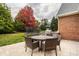 Spacious outdoor patio with a dining set, trampoline, lush lawn, and surrounding trees, perfect for outdoor activities at 14297 Matt St, Carmel, IN 46033