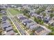 An aerial view captures a tranquil neighborhood with colorful houses, lush trees, and calm streets under a bright sky at 2026 Alvord St, Indianapolis, IN 46202