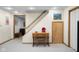 Basement area with a desk and stairs adds functionality, perfect for a home office or extra living space at 2665 Chestnut St, Columbus, IN 47201