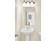 This is a bathroom with a pedestal sink, a large mirror, and modern lighting at 3917 Wren Dr, Brownsburg, IN 46112