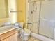 Bathroom featuring a shower with accessibility grab bars, sink with vanity, and toilet with accessibility assistance at 4619 Carrollton Ave, Indianapolis, IN 46205