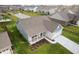 An aerial view of a single-Gathering home with a well-manicured lawn and a pond nearby at 602 Tuscany Trl, Lapel, IN 46051